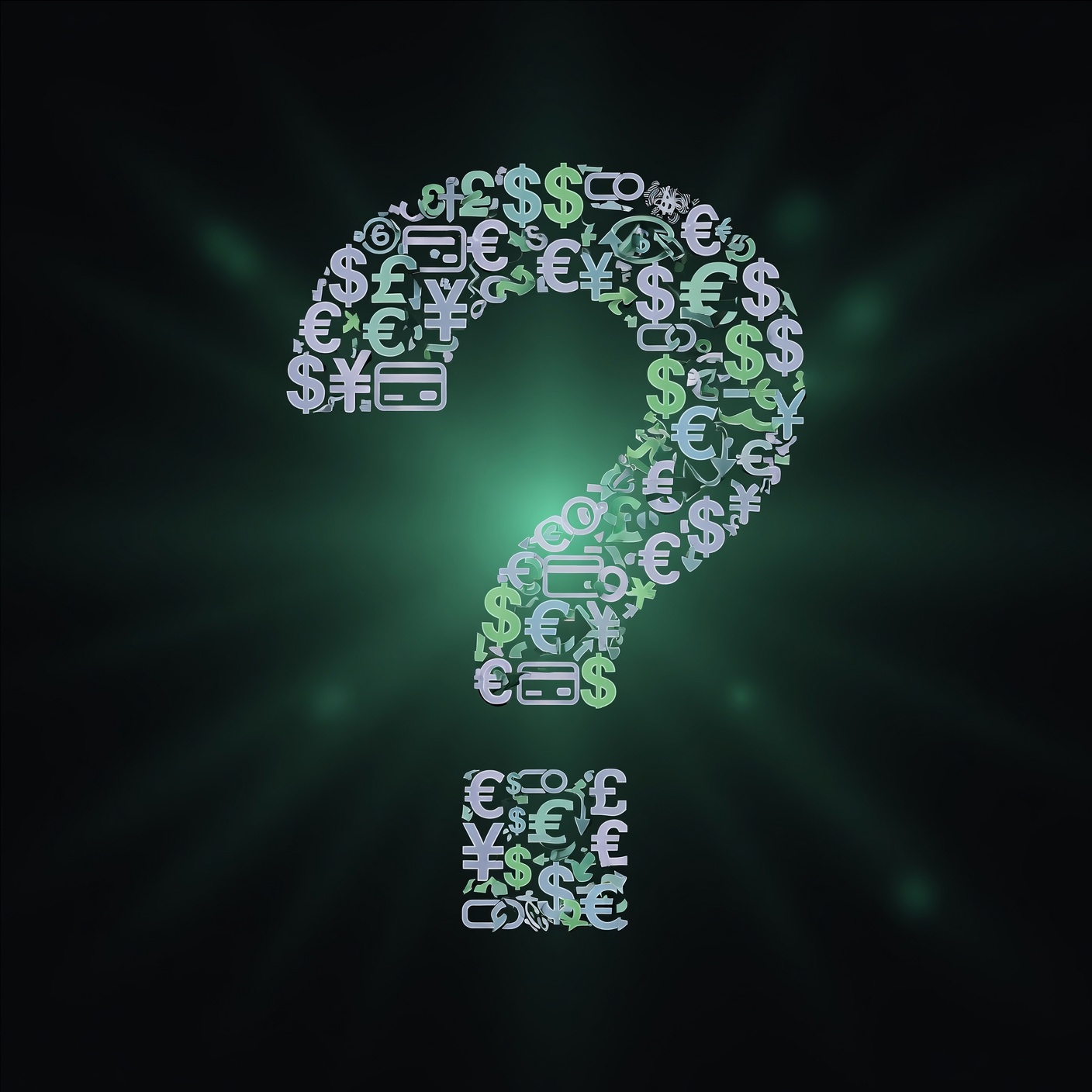 Payment FAQ — question mark formed from currency symbols